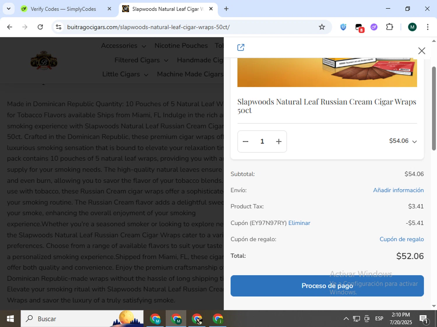 Buitrago Cigars checkout page showing Buitrago Cigars coupon code box | Screenshot taken by SimplyCodes community member on Jul 20, 2025
