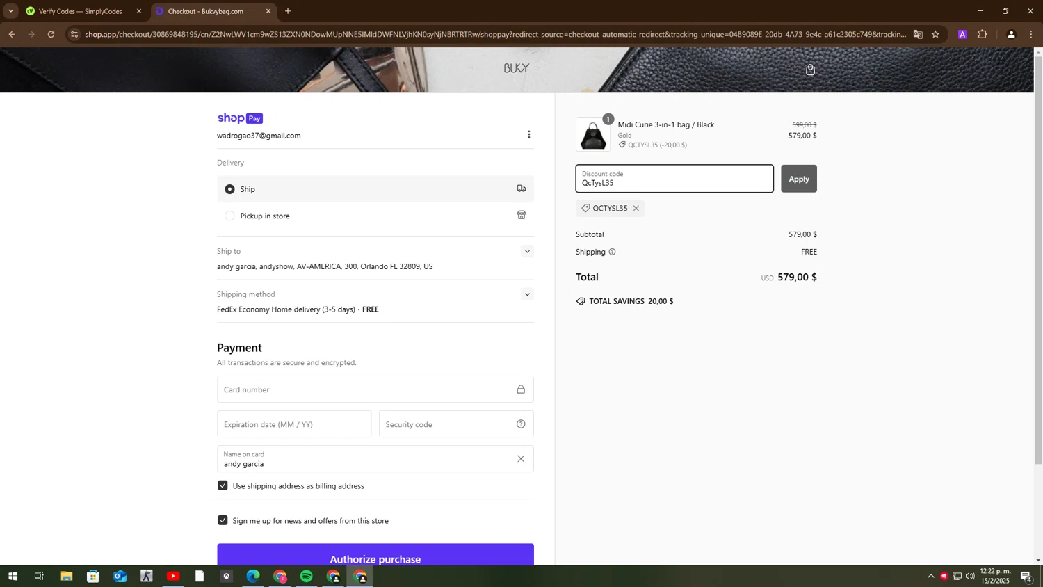Bukvy promo code screenshot showing code QcTysL35 applied at Bukvy checkout page. Uploaded by SimplyCodes community member BudgetMaven6078 on Feb 15, 2025