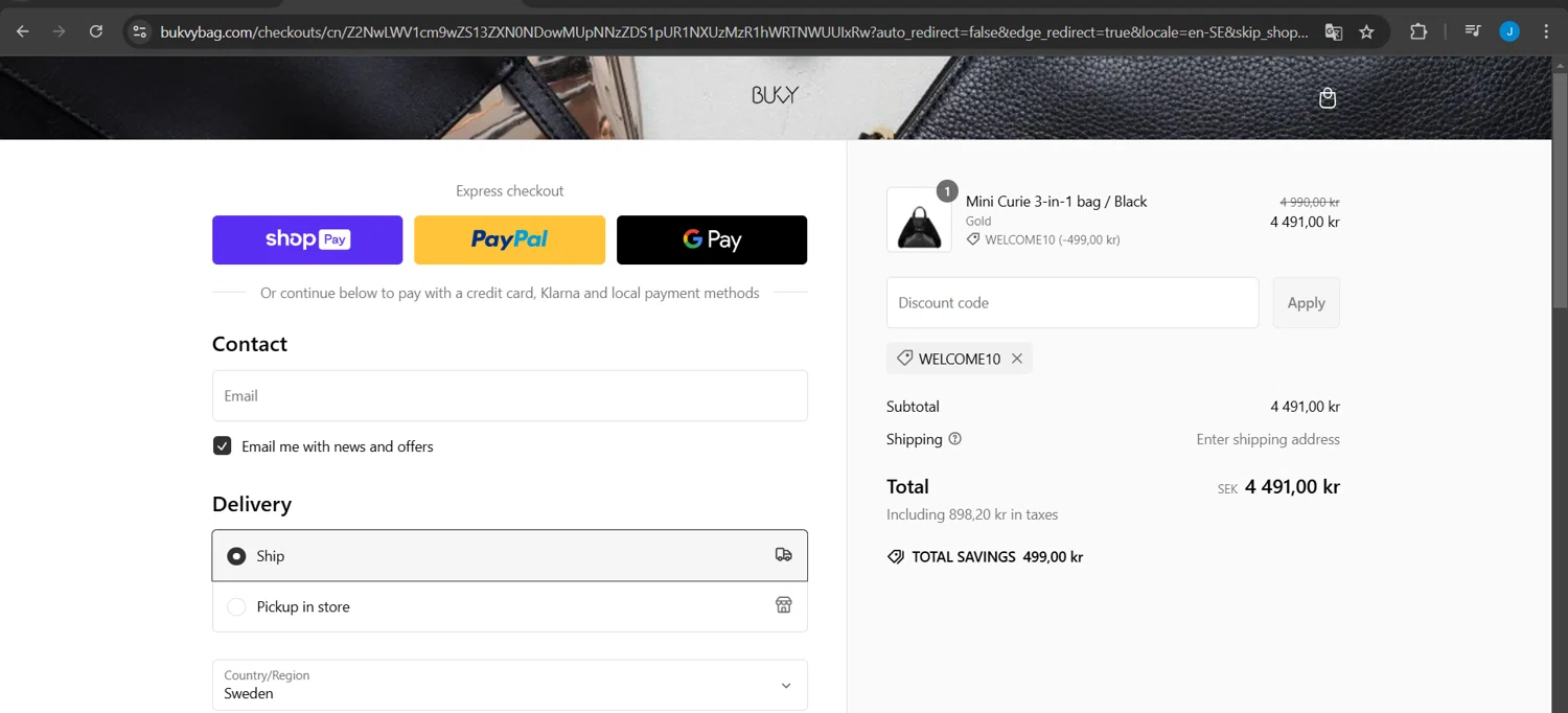 Bukvy promo code screenshot showing code welcome10 applied at Bukvy checkout page. Uploaded by SimplyCodes community member Jeanjc on Feb 16, 2025
