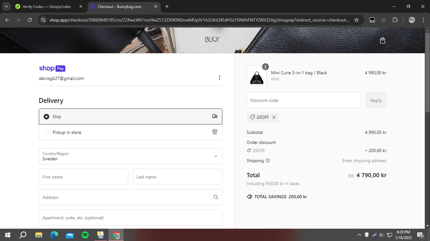 Bukvy promo code screenshot showing code 20off applied at Bukvy checkout page. Uploaded by SimplyCodes community member ELREAL7 on Jan 18, 2025