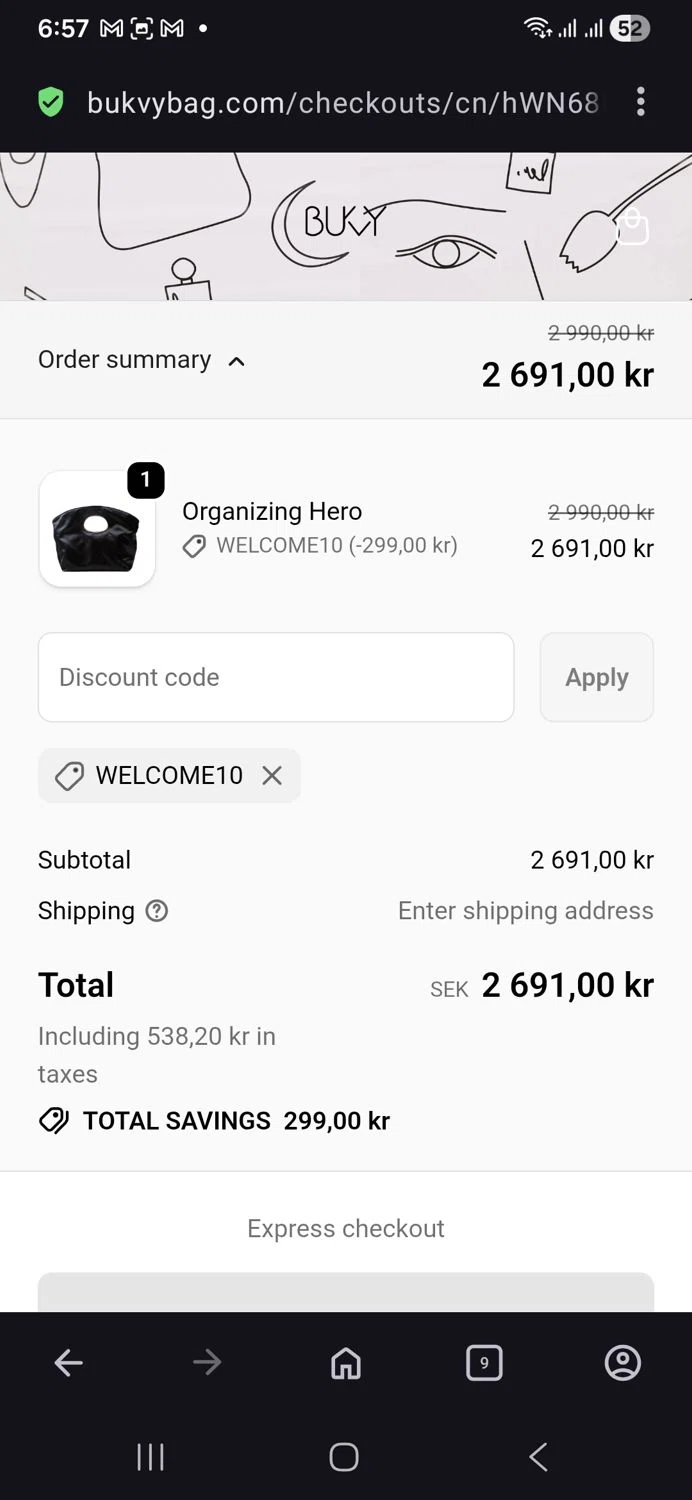 Bukvy promo code screenshot showing code Welcome10 applied at Bukvy checkout page. Uploaded by SimplyCodes community member vida5254427716958 on Dec 6, 2025