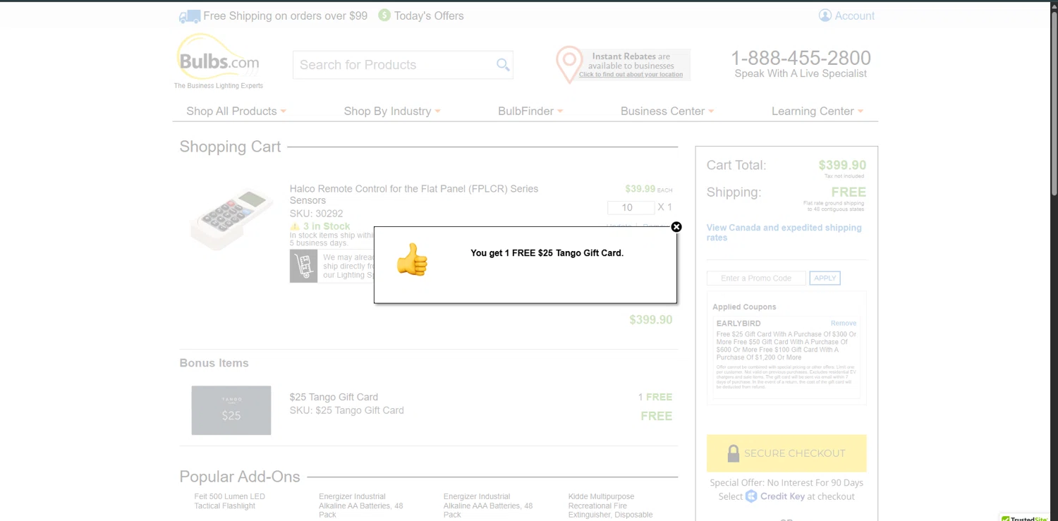 Bulbs.com checkout page showing Bulbs.com coupon code box | Screenshot taken by SimplyCodes community member on Nov 24, 2025
