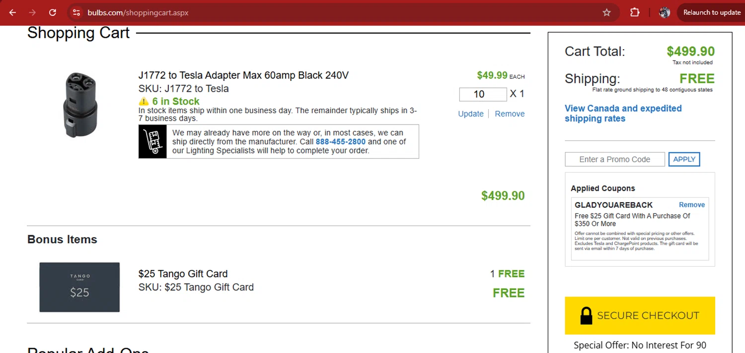 Bulbs.com coupon code screenshot showing code GLADYOUAREBACK applied at Bulbs.com checkout page. Uploaded by SimplyCodes community member kimberlinmartinez on Sep 16, 2025