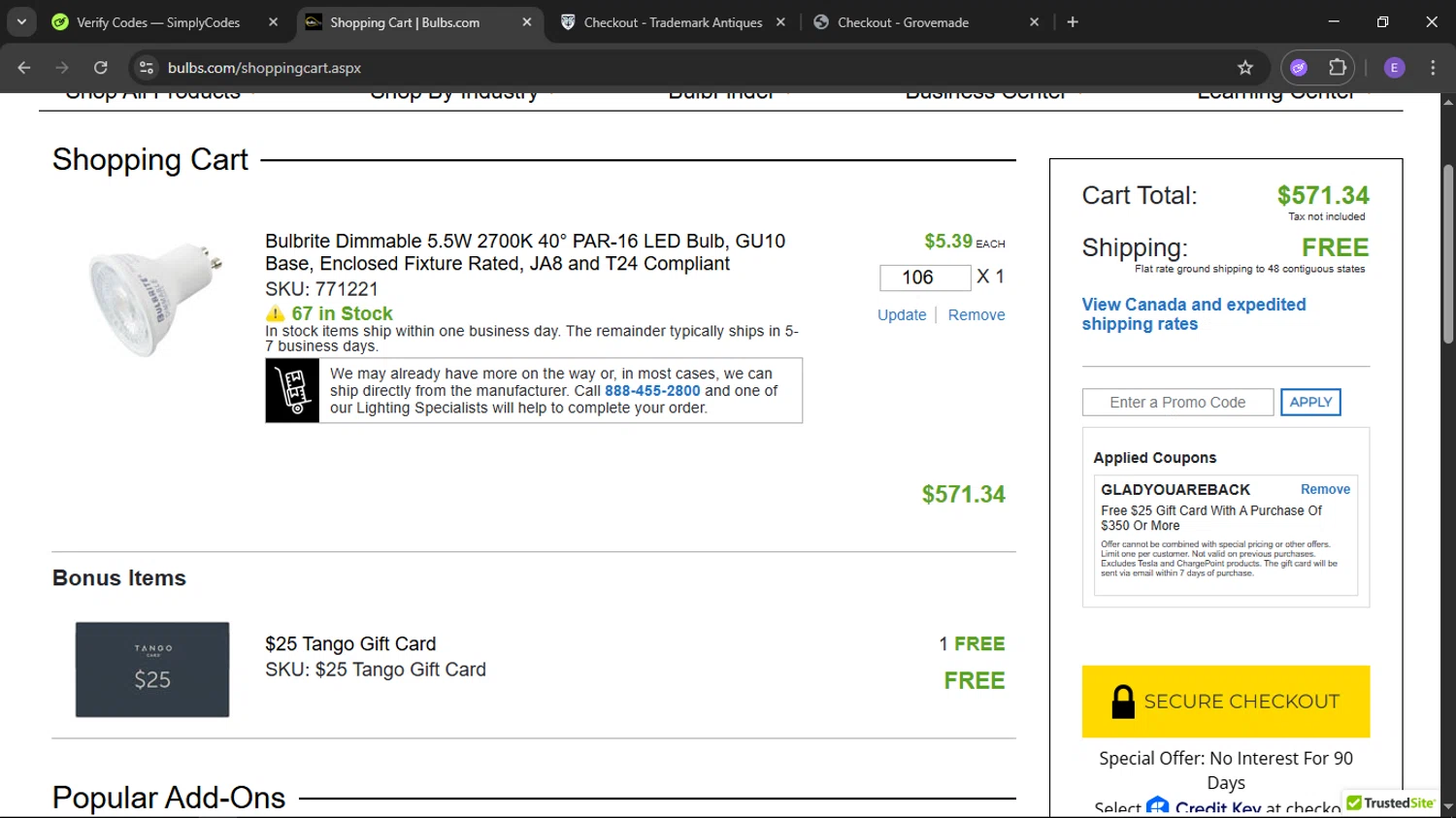 Bulbs.com coupon code screenshot showing code GLADYOUAREBACK applied at Bulbs.com checkout page. Uploaded by SimplyCodes community member satoru on Sep 16, 2025