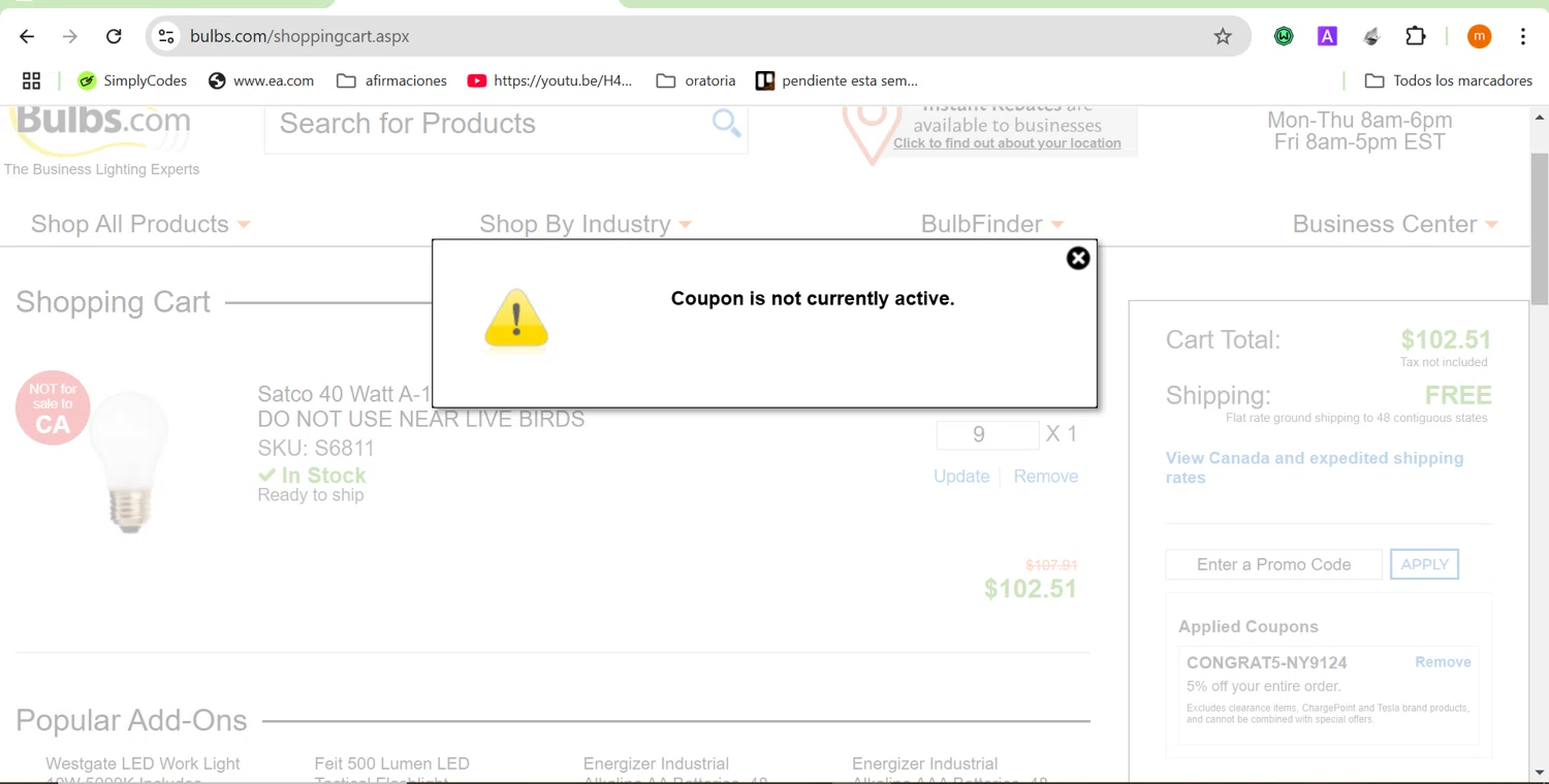 Bulbs.com coupon code screenshot showing code CAMPIN applied at Bulbs.com checkout page. Uploaded by SimplyCodes community member ROIS28 on Feb 15, 2025