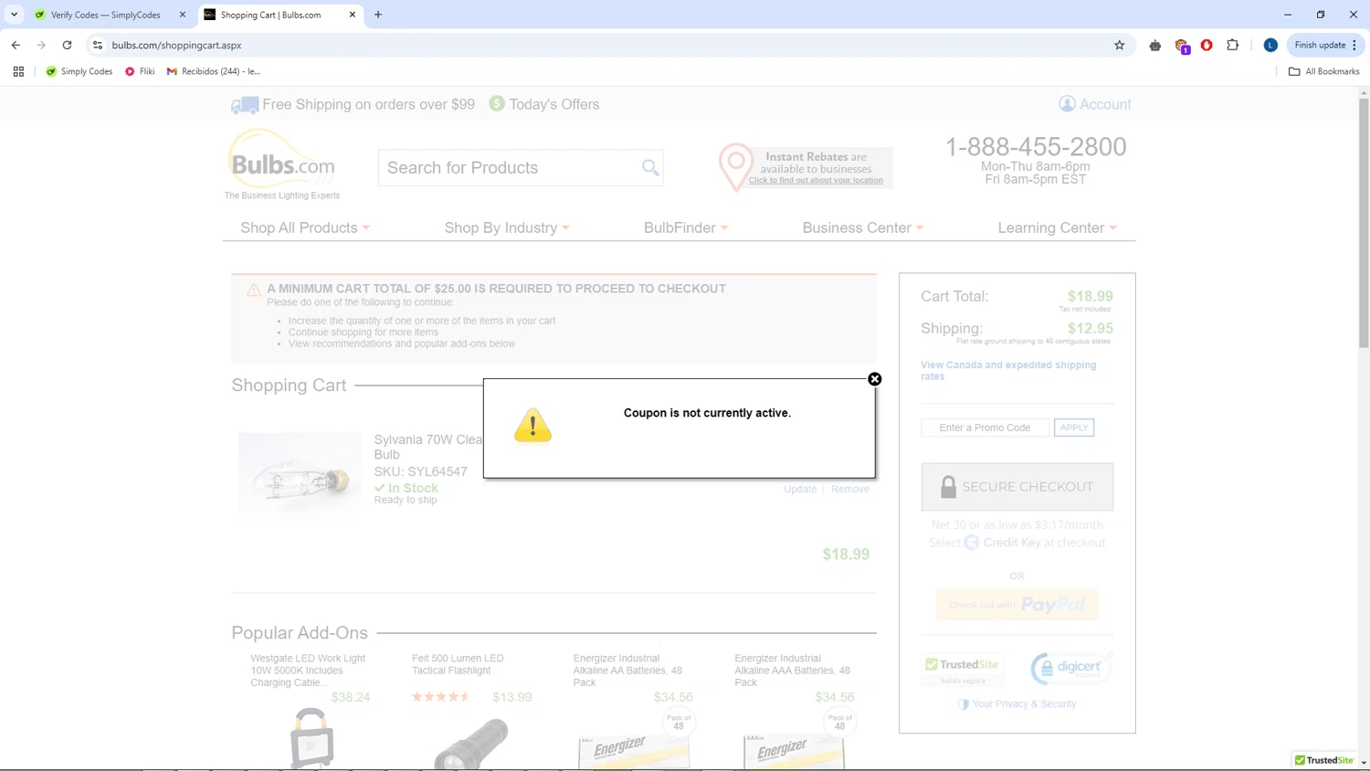 Bulbs.com coupon code screenshot showing code CAMPIN applied at Bulbs.com checkout page. Uploaded by SimplyCodes community member CrownPhoenix1648 on Feb 15, 2025