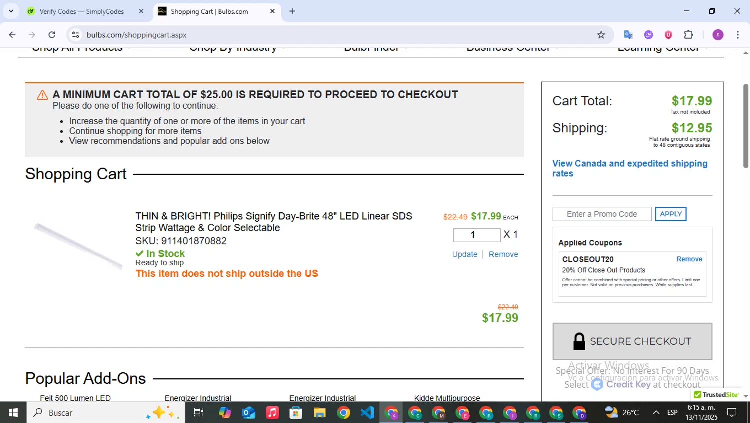 Bulbs.com coupon code screenshot showing code CLOSEOUT20 applied at Bulbs.com checkout page. Uploaded by SimplyCodes community member WonderPioneer5062 on Nov 13, 2025