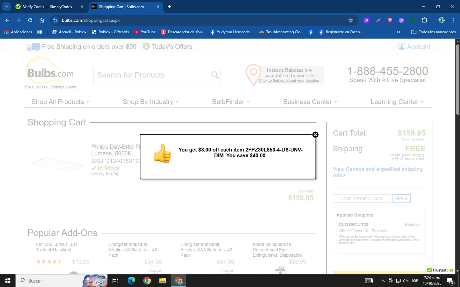 Bulbs.com coupon code screenshot showing code CLOSEOUT20 applied at Bulbs.com checkout page. Uploaded by SimplyCodes community member helicoide on Oct 15, 2025