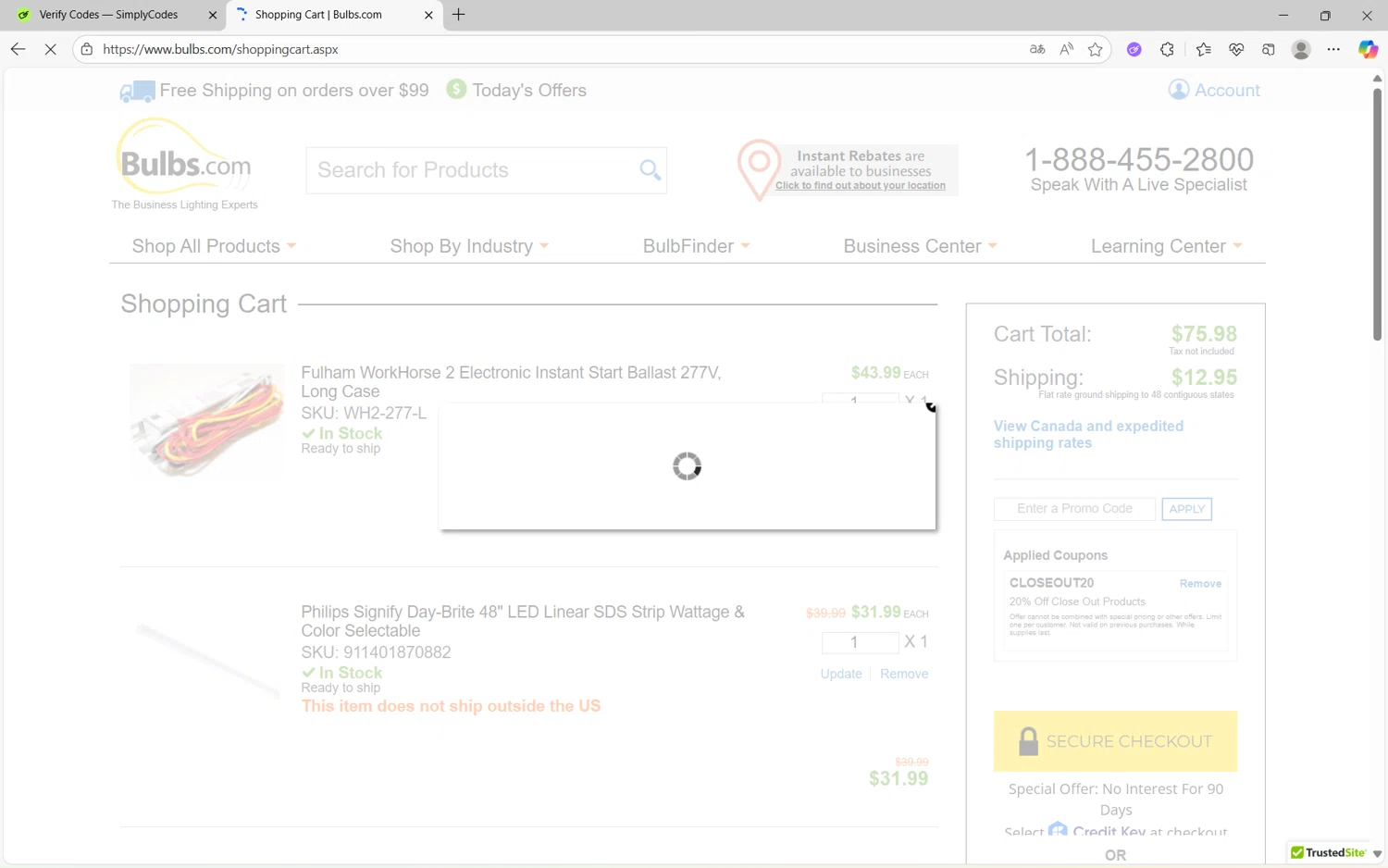 Bulbs.com coupon code screenshot showing code CLOSEOUT20 applied at Bulbs.com checkout page. Uploaded by SimplyCodes community member juanx1702 on Sep 16, 2025
