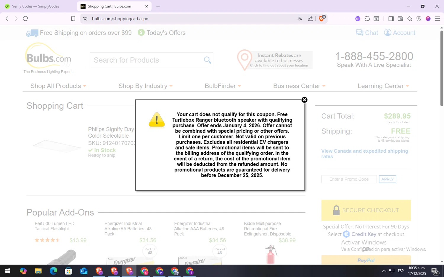 Bulbs.com coupon code screenshot showing code TURTLEBOX applied at Bulbs.com checkout page. Uploaded by SimplyCodes community member VoucherSpotter6910 on Dec 17, 2025