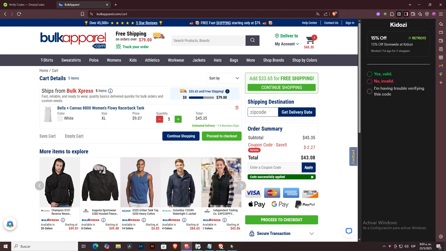 BulkApparel coupon code screenshot showing code SAVE5 applied at BulkApparel checkout page. Uploaded by SimplyCodes community member ArtPOPO on May 23, 2025