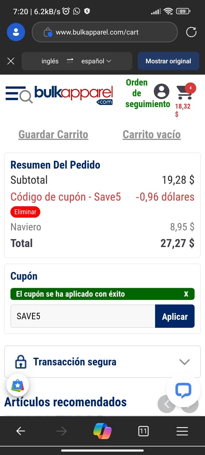 BulkApparel coupon code screenshot showing code SAVE5 applied at BulkApparel checkout page. Uploaded by SimplyCodes community member Lamine_Yamal on Mar 26, 2025