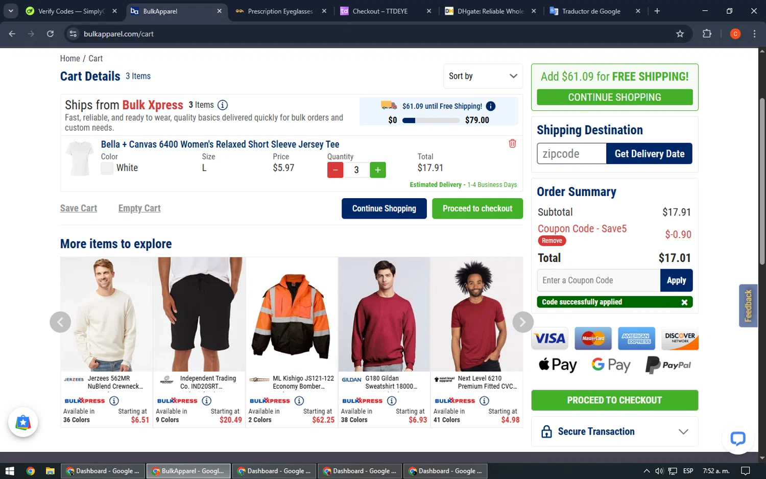 BulkApparel coupon code screenshot showing code SAVE5 applied at BulkApparel checkout page. Uploaded by SimplyCodes community member RoyalHawk6408 on Apr 24, 2025