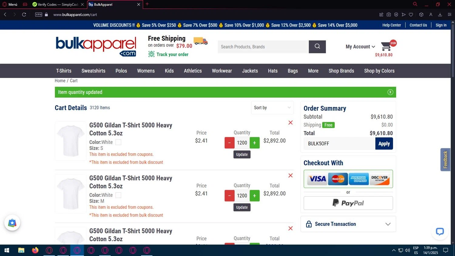 BulkApparel coupon code screenshot showing code BULK5OFF applied at BulkApparel checkout page. Uploaded by SimplyCodes community member Juancarloscone361 on Jan 14, 2025