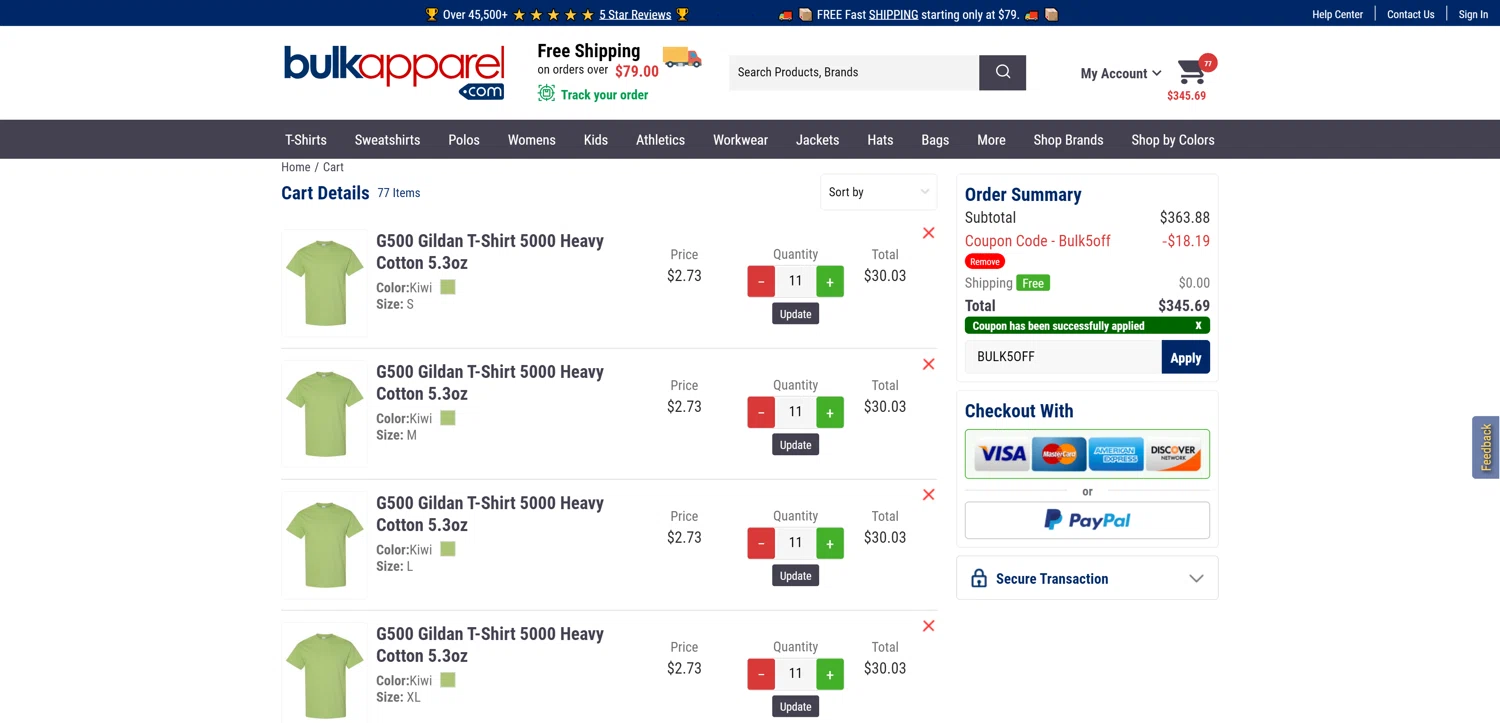 BulkApparel coupon code screenshot showing code BULK5OFF applied at BulkApparel checkout page. Uploaded by SimplyCodes community member ExtraordinaryMaven3628 on Feb 19, 2025