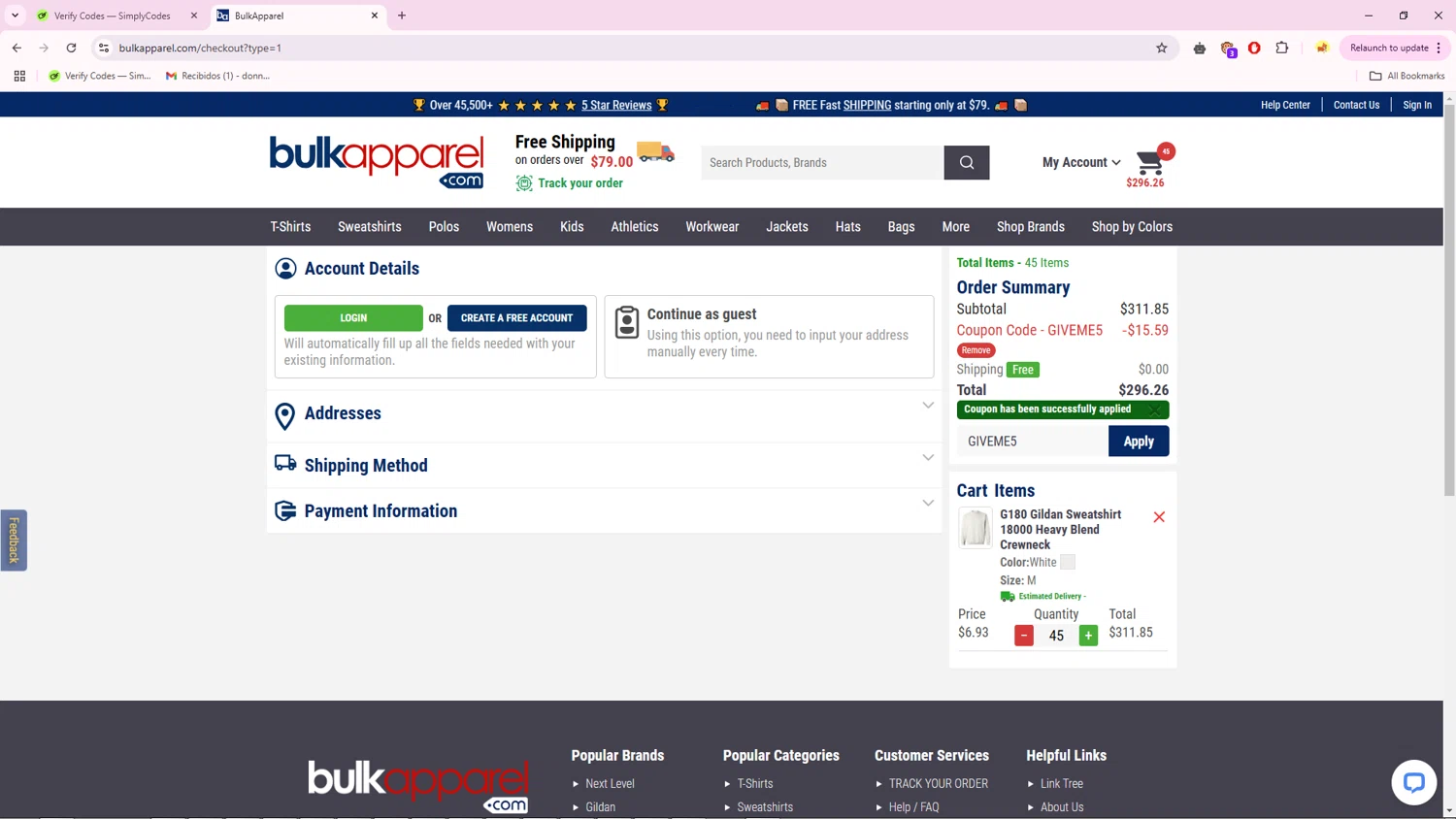 BulkApparel coupon code screenshot showing code GIVEME5 applied at BulkApparel checkout page. Uploaded by SimplyCodes community member RebateTiger7896 on Apr 18, 2025