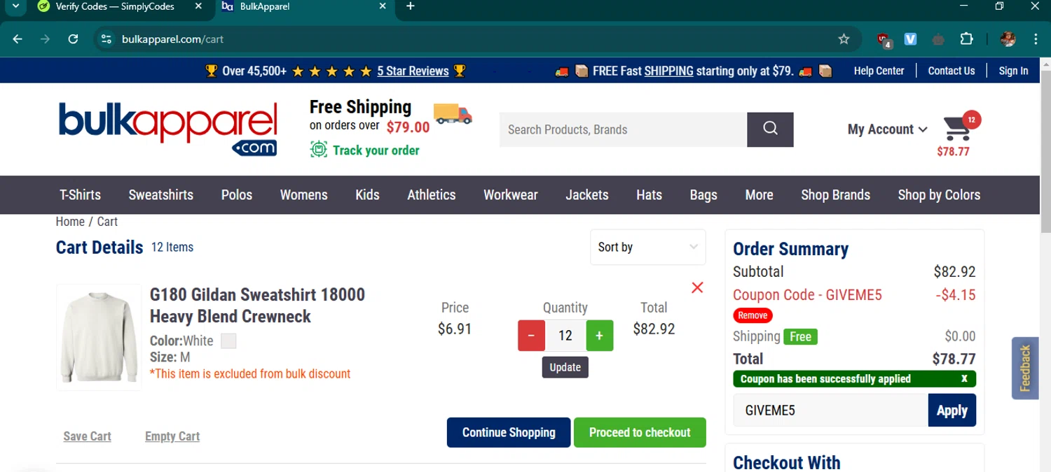 BulkApparel coupon code screenshot showing code GIVEME5 applied at BulkApparel checkout page. Uploaded by SimplyCodes community member samuelgomez2 on Mar 25, 2025
