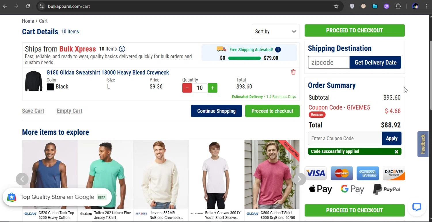 BulkApparel coupon code screenshot showing code GIVEME5 applied at BulkApparel checkout page. Uploaded by SimplyCodes community member xXSATOXx on Jun 23, 2025