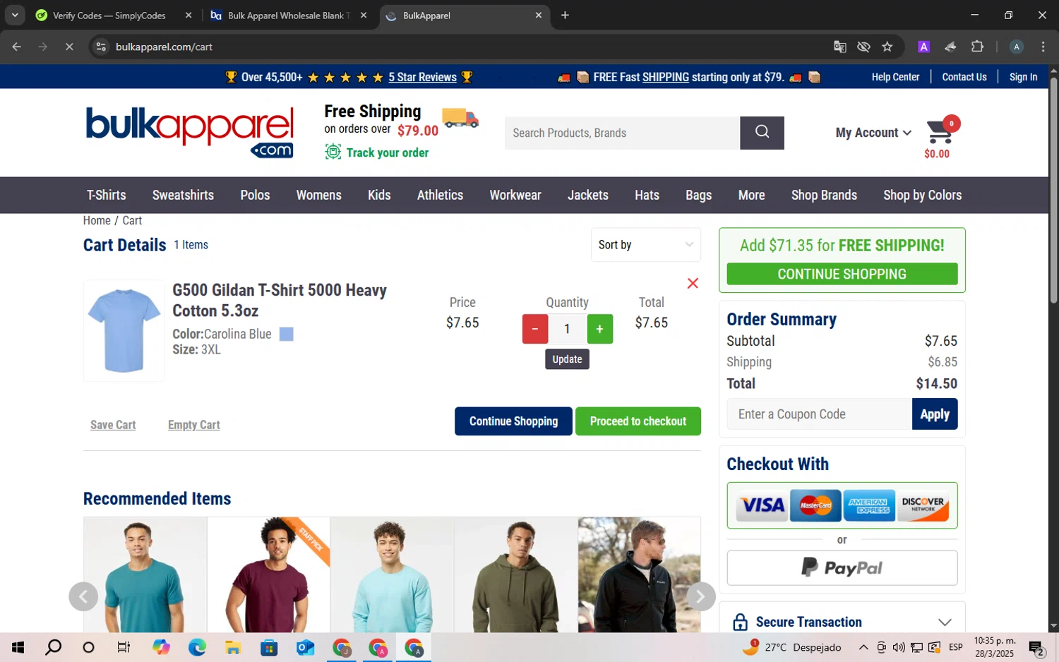 BulkApparel coupon code screenshot showing code SPRING7 applied at BulkApparel checkout page. Uploaded by SimplyCodes community member ScanSpotter8851 on Mar 29, 2025