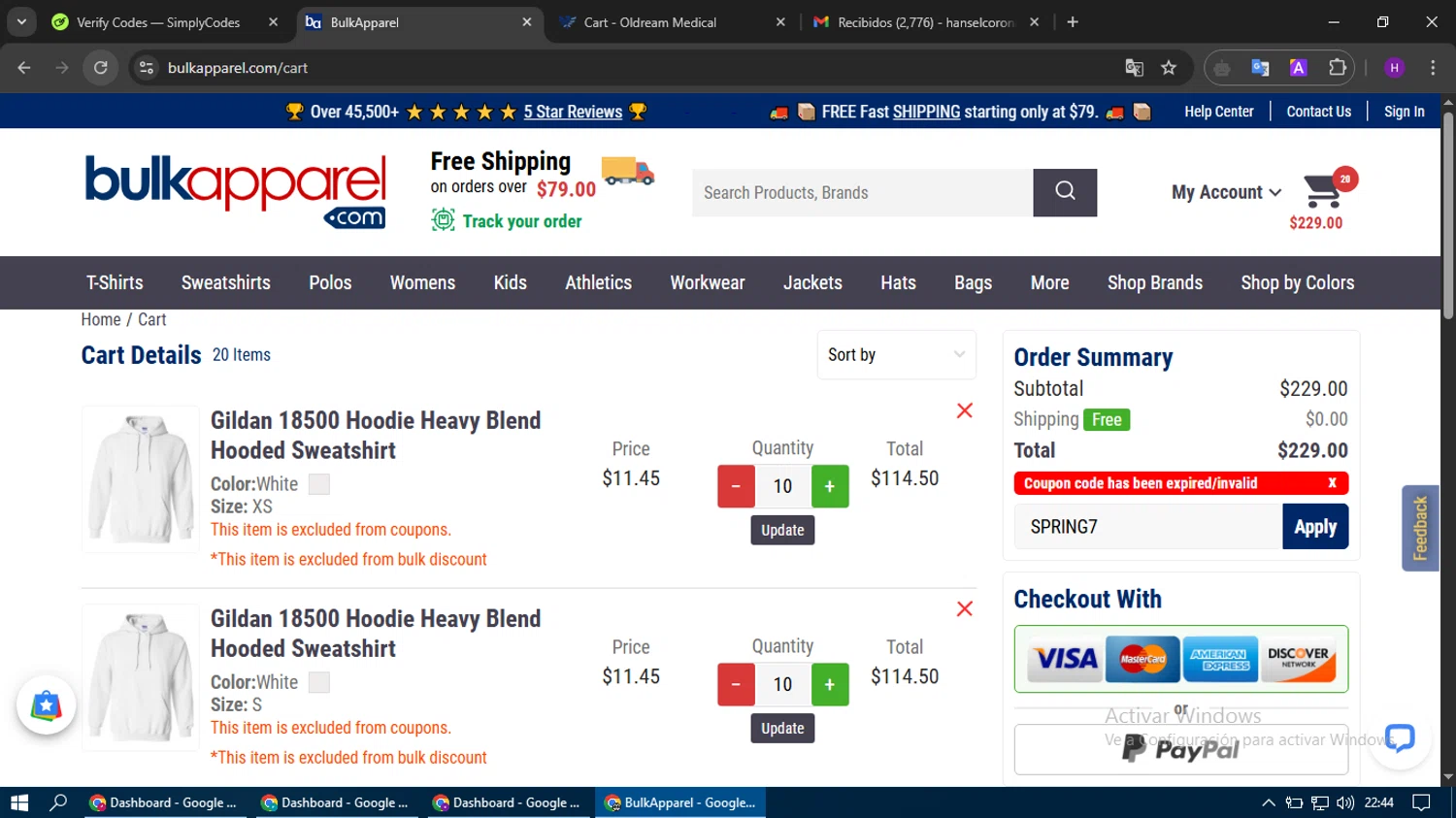 BulkApparel coupon code screenshot showing code SPRING7 applied at BulkApparel checkout page. Uploaded by SimplyCodes community member tumiedo on Mar 29, 2025