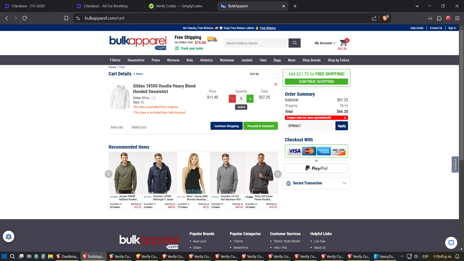 BulkApparel coupon code screenshot showing code SPRING7 applied at BulkApparel checkout page. Uploaded by SimplyCodes community member verifier_983798000 on Mar 29, 2025