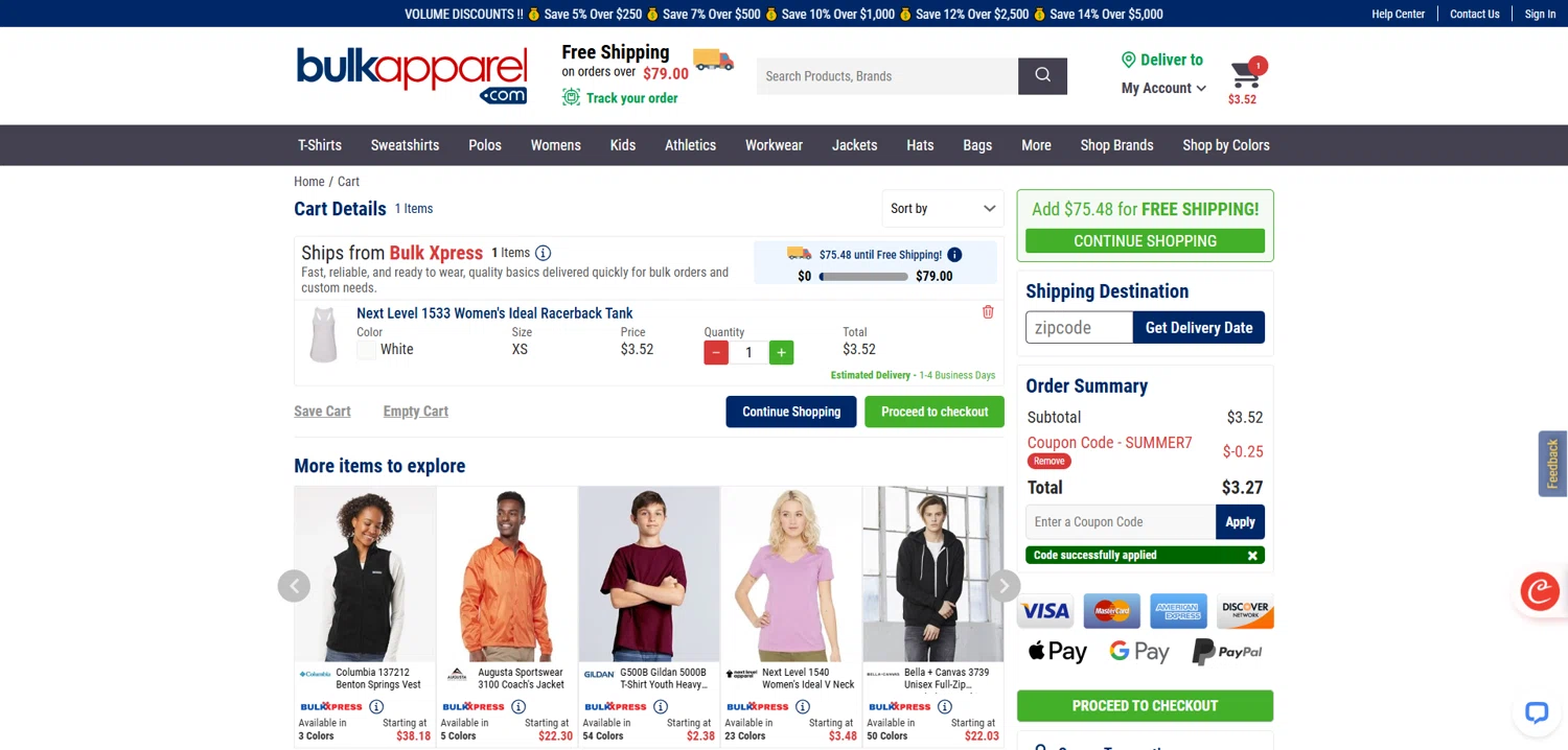 BulkApparel coupon code screenshot showing code SUMMER7 applied at BulkApparel checkout page. Uploaded by SimplyCodes community member Dorothy on Aug 7, 2025