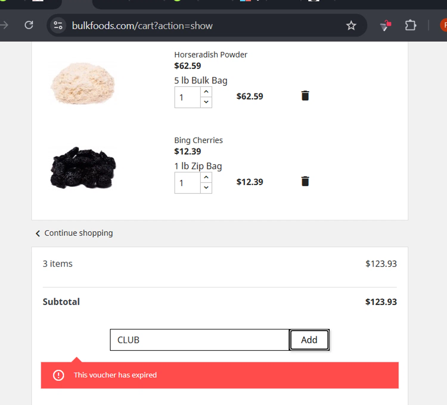 BulkFoods promo code screenshot showing code CLUB applied at BulkFoods checkout page. Uploaded by SimplyCodes community member RafaLB on Mar 7, 2025