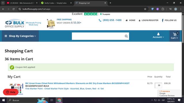 Bulk Office Supply checkout page showing Bulk Office Supply coupon code box | Screenshot taken by SimplyCodes community member on Jun 8, 2025