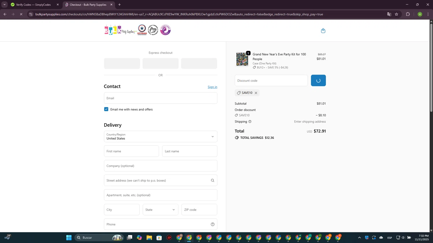 Bulk Party Supplies promo code screenshot showing code SAVE10 applied at Bulk Party Supplies checkout page. Uploaded by SimplyCodes community member DiscountSpotter1028 on Nov 11, 2025