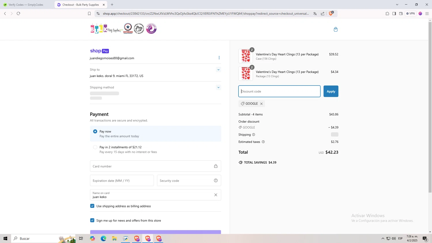 Bulk Party Supplies promo code screenshot showing code google applied at Bulk Party Supplies checkout page. Uploaded by SimplyCodes community member 9p99p9p on Feb 4, 2025