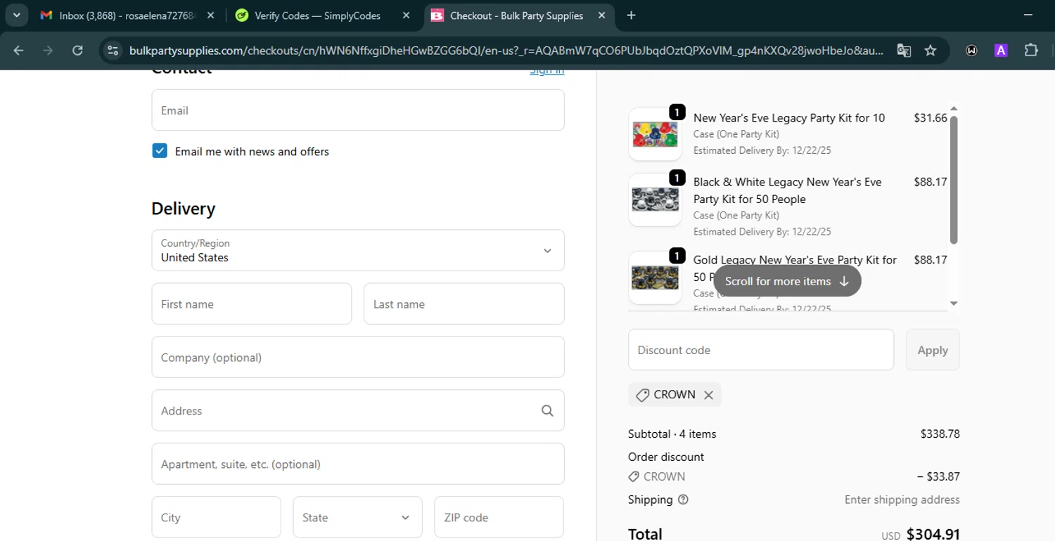 Bulk Party Supplies promo code screenshot showing code Crown applied at Bulk Party Supplies checkout page. Uploaded by SimplyCodes community member VoucherHero6322 on Dec 13, 2025