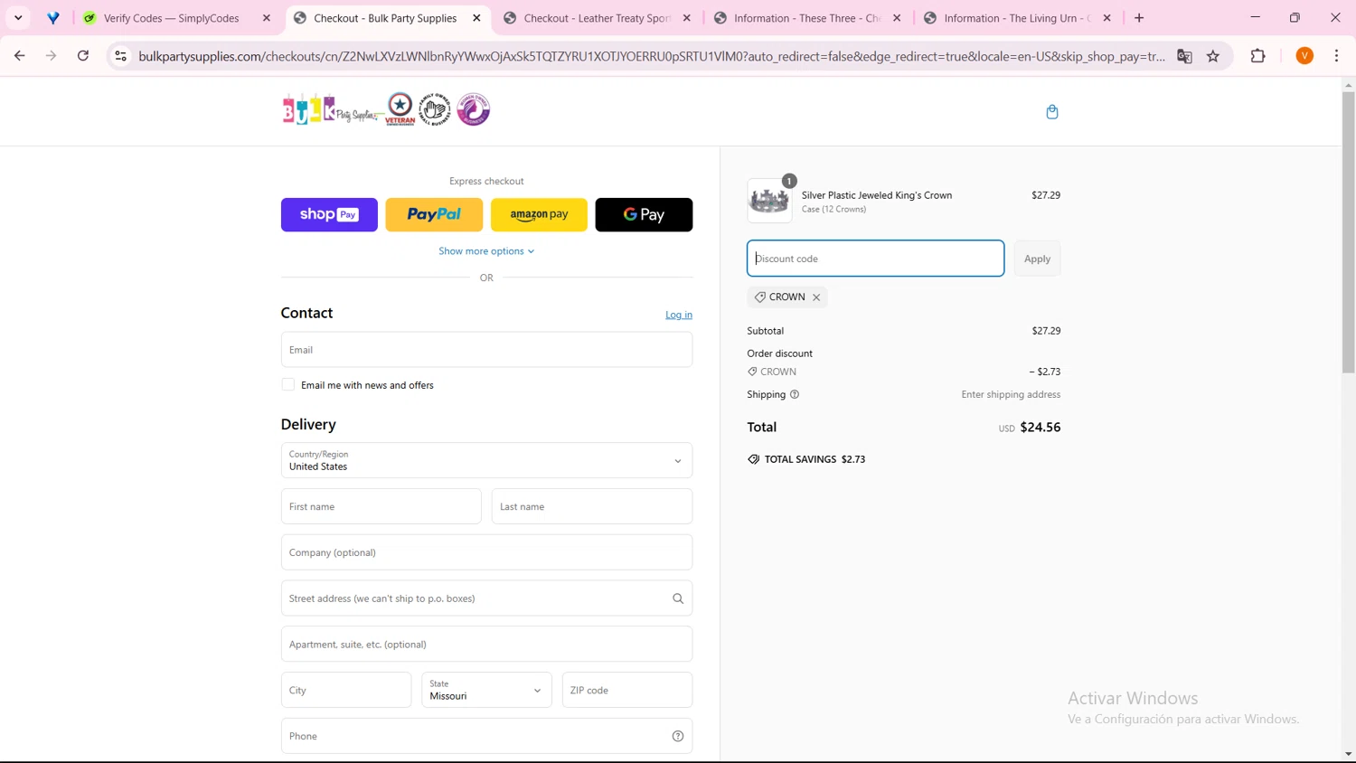 Bulk Party Supplies promo code screenshot showing code Crown applied at Bulk Party Supplies checkout page. Uploaded by SimplyCodes community member FortunateFinder9465 on Mar 7, 2025