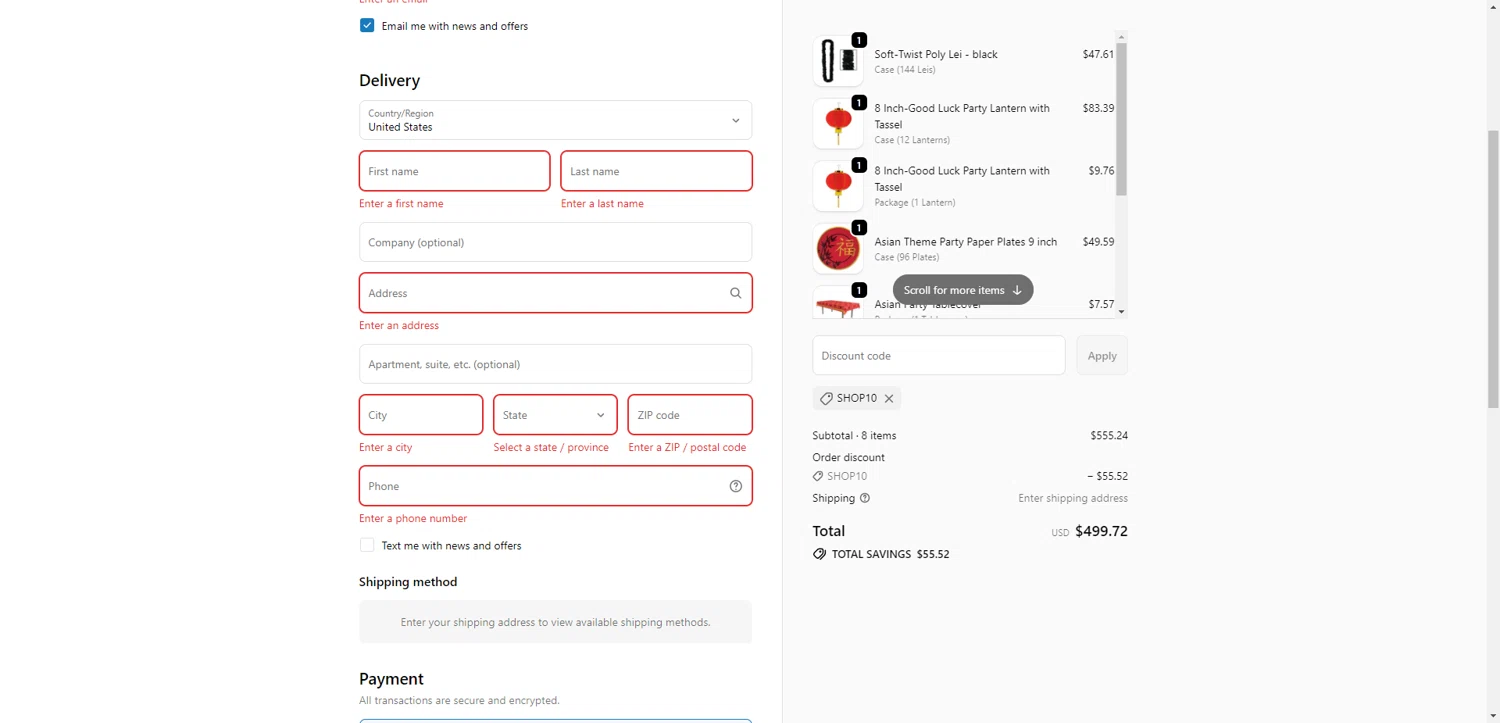 Bulk Party Supplies promo code screenshot showing code Shop10 applied at Bulk Party Supplies checkout page. Uploaded by SimplyCodes community member EpicEagle816 on Dec 7, 2025