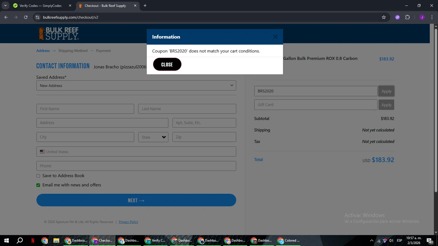 Bulk Reef Supply promo code screenshot showing code BRS2020 applied at Bulk Reef Supply checkout page. Uploaded by SimplyCodes community member ComeBurra123 on Mar 2, 2026