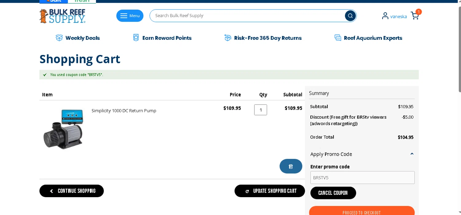 Bulk Reef Supply promo code screenshot showing code BRSTV5 applied at Bulk Reef Supply checkout page. Uploaded by SimplyCodes community member beatrizcastillo on Jun 9, 2026