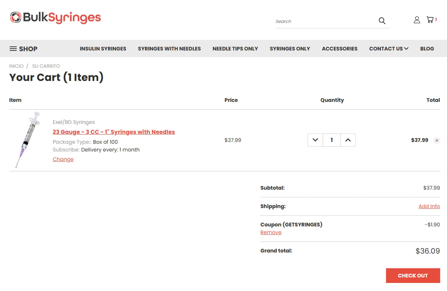 Bulk Syringes coupon code screenshot showing code GETSYRINGES applied at Bulk Syringes checkout page. Uploaded by SimplyCodes community member Dejadepicharme on Jun 5, 2025