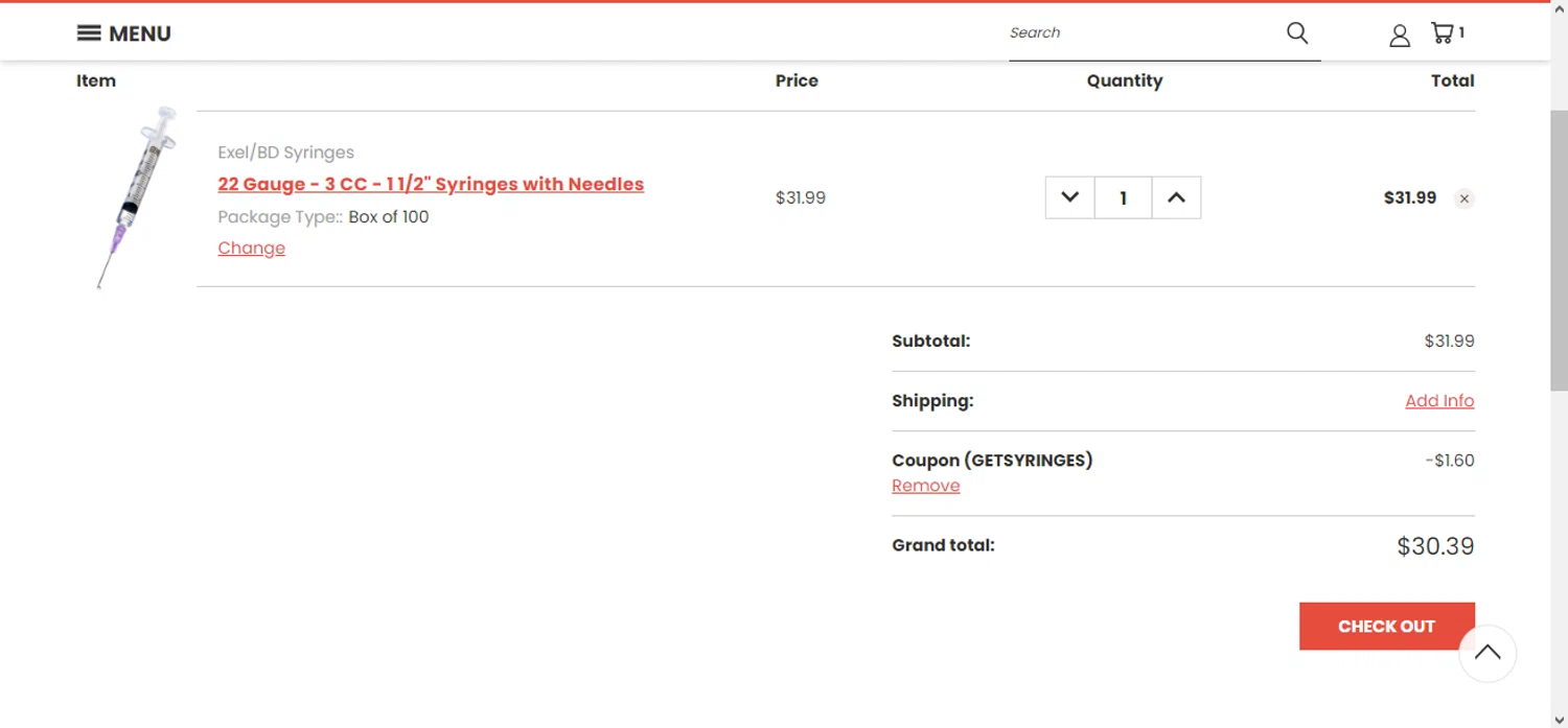 Bulk Syringes checkout page showing Bulk Syringes coupon code box | Screenshot taken by SimplyCodes community member on Oct 12, 2023