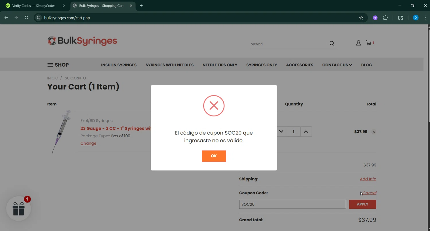 Bulk Syringes coupon code screenshot showing code GETSYRINGES applied at Bulk Syringes checkout page. Uploaded by SimplyCodes community member GoldAdmiral5202 on Jun 5, 2025
