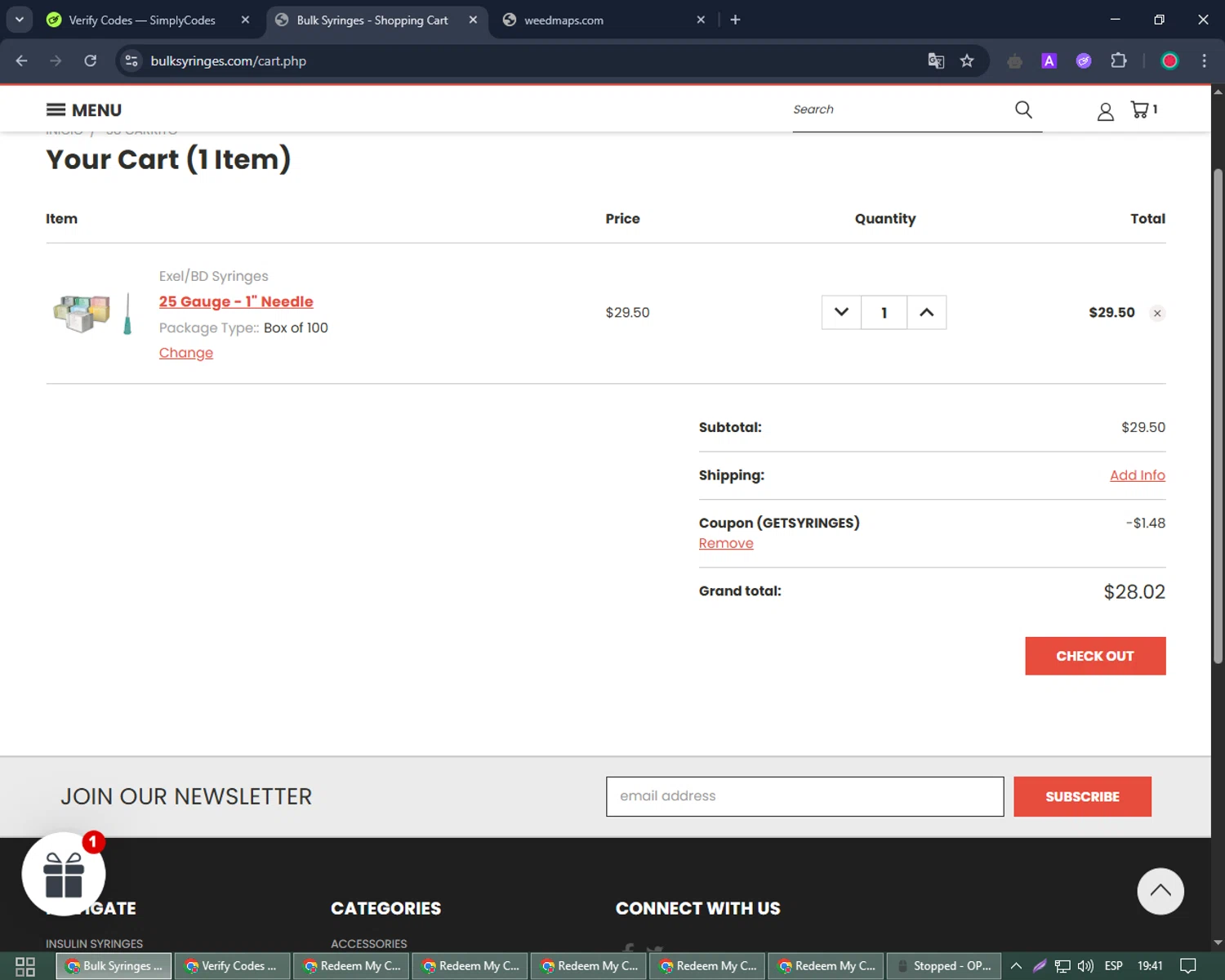 Bulk Syringes checkout page showing Bulk Syringes coupon code box | Screenshot taken by SimplyCodes community member on May 8, 2025