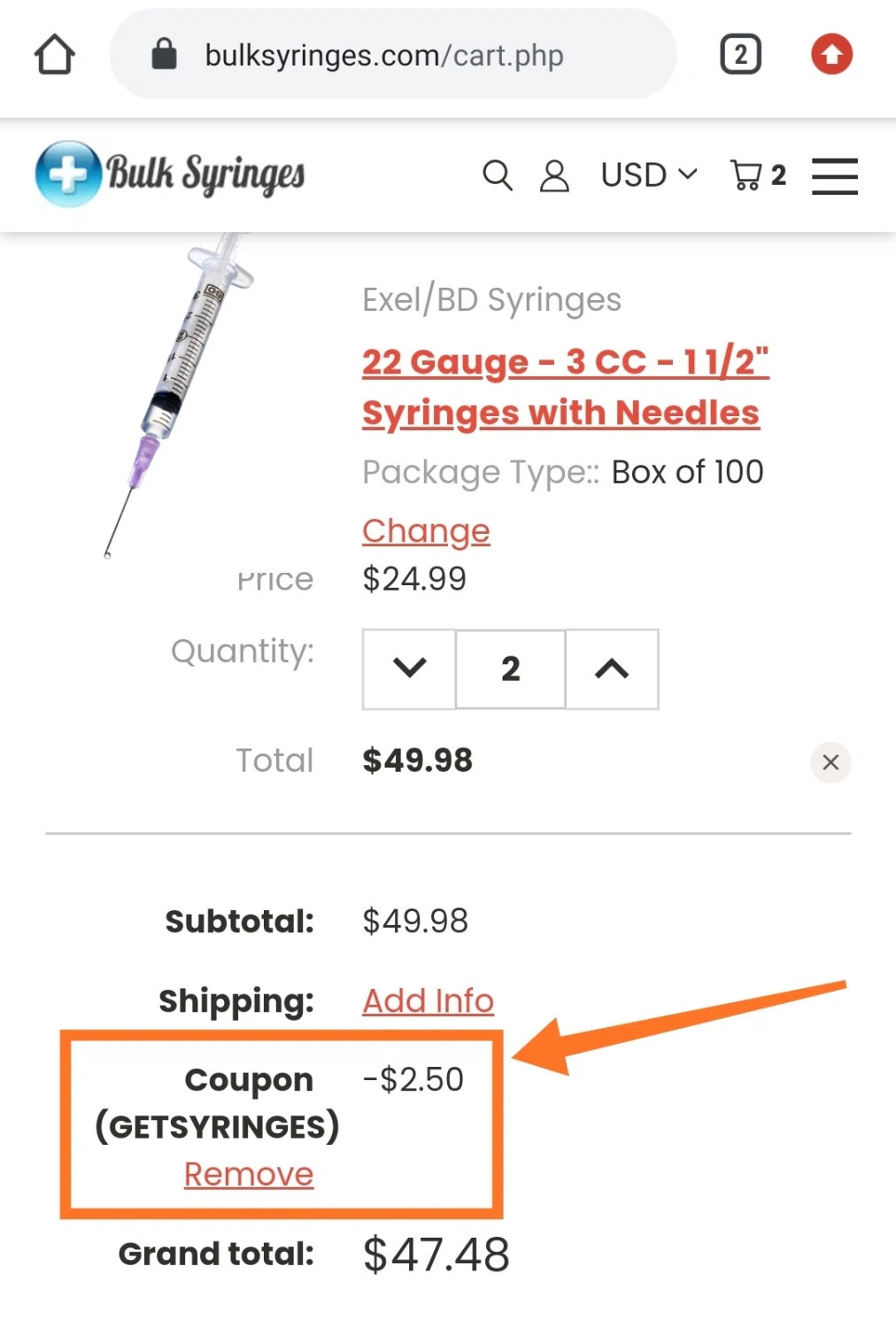Bulk Syringes checkout page showing Bulk Syringes coupon code box | Screenshot taken by SimplyCodes community member on Mar 12, 2021