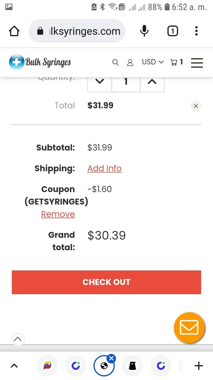 Bulk Syringes checkout page showing Bulk Syringes coupon code box | Screenshot taken by SimplyCodes community member on Oct 8, 2022