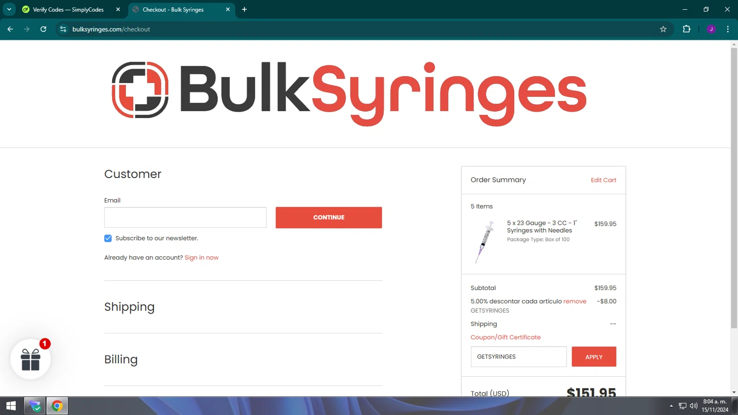 Bulk Syringes checkout page showing Bulk Syringes coupon code box | Screenshot taken by SimplyCodes community member on Nov 15, 2024