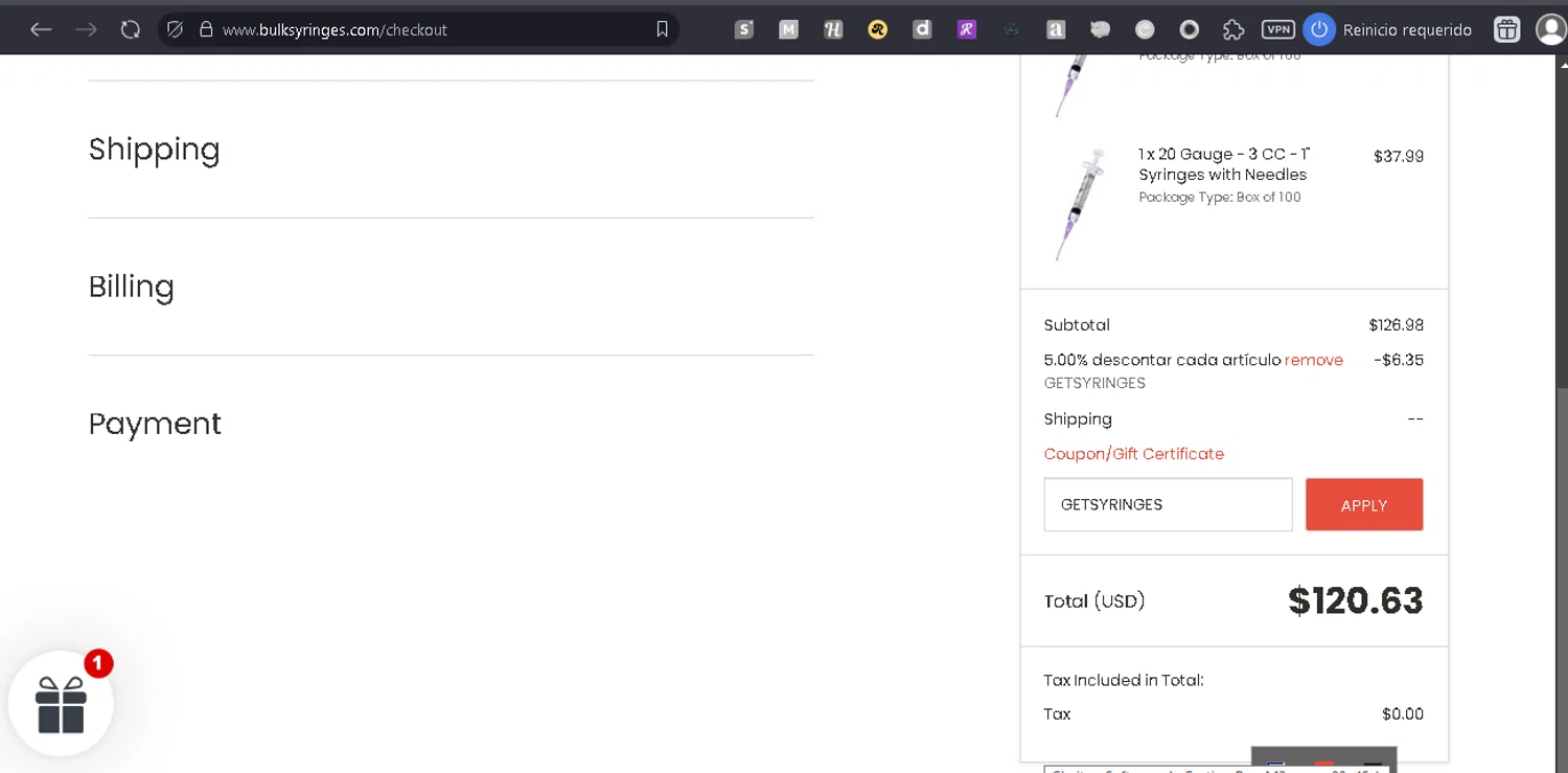 Bulk Syringes coupon code screenshot showing code GETSYRINGES applied at Bulk Syringes checkout page. Uploaded by SimplyCodes community member lizzyworks on May 15, 2025