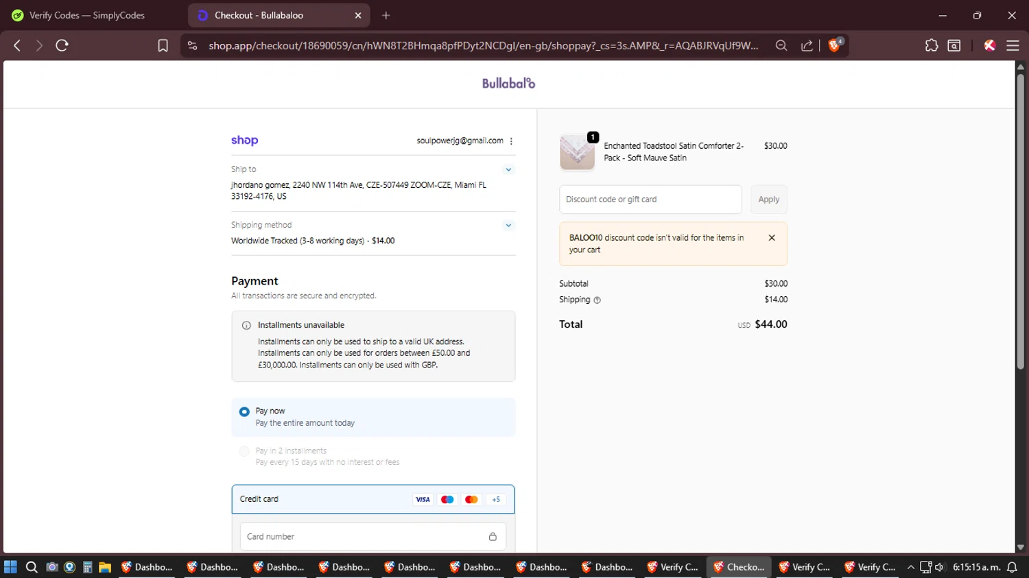 Bullabaloo promo code screenshot showing code BALOO10 applied at Bullabaloo checkout page. Uploaded by SimplyCodes community member Amidamaru on Feb 6, 2026