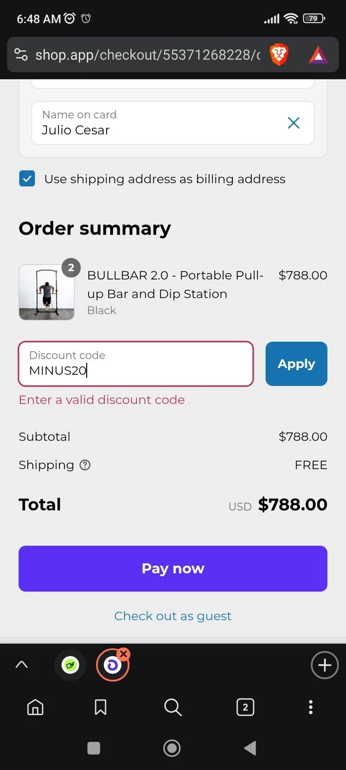Bullbar Fitness promo code screenshot showing code MINUS20 applied at Bullbar Fitness checkout page. Uploaded by SimplyCodes community member BargainPioneer8286 on Jul 22, 2025