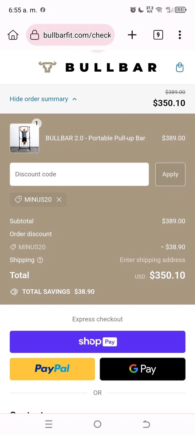 Bullbar Fitness checkout page showing Bullbar Fitness promo code box | Screenshot taken by SimplyCodes community member on Aug 17, 2024
