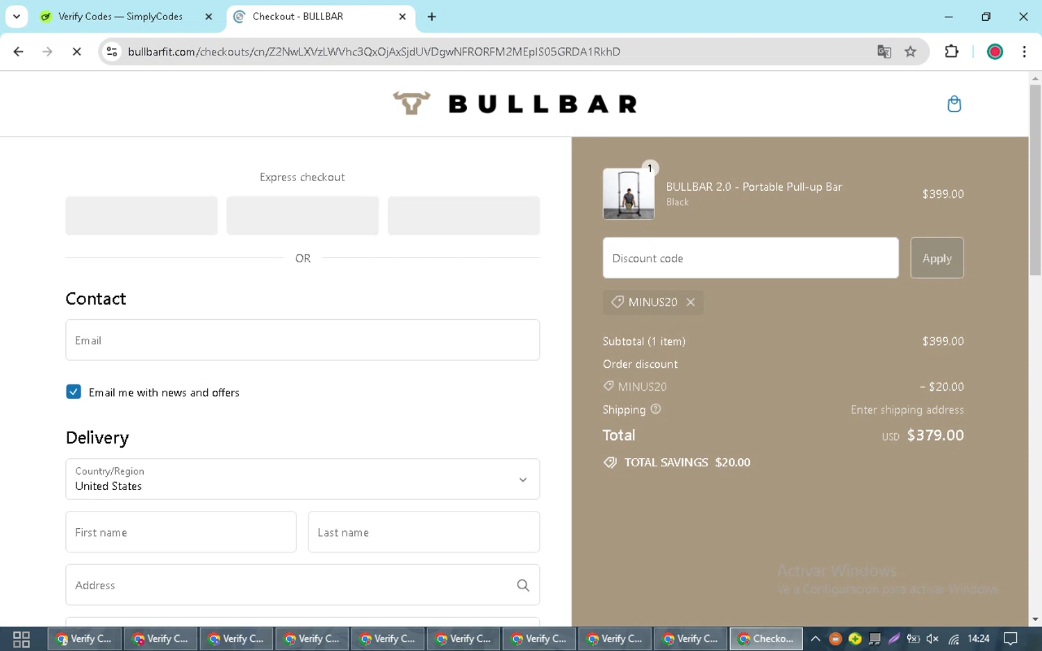 Bullbar Fitness checkout page showing Bullbar Fitness promo code box | Screenshot taken by SimplyCodes community member on Sep 15, 2024
