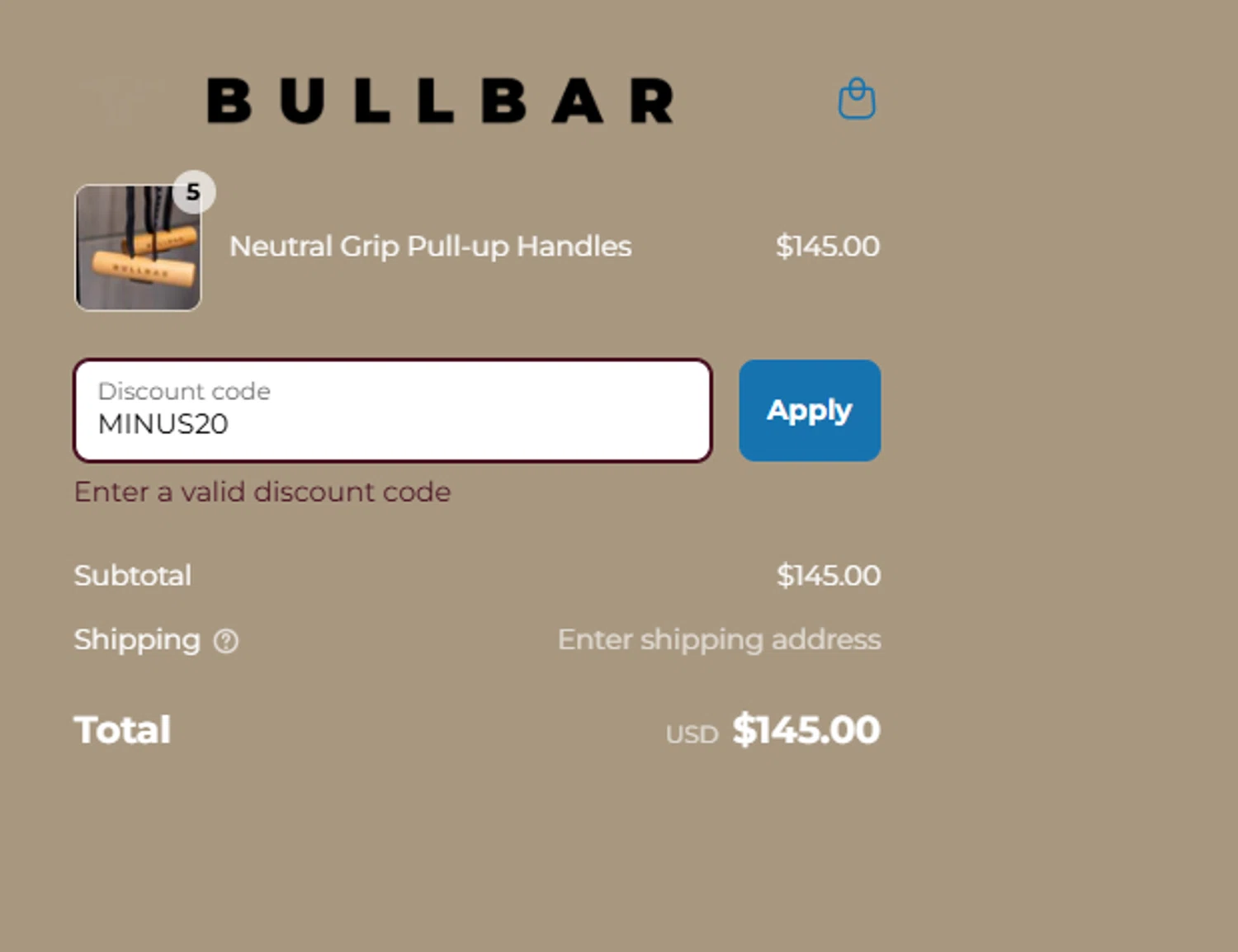 Bullbar Fitness promo code screenshot showing code MINUS20 applied at Bullbar Fitness checkout page. Uploaded by SimplyCodes community member victorchacon on Jul 22, 2025