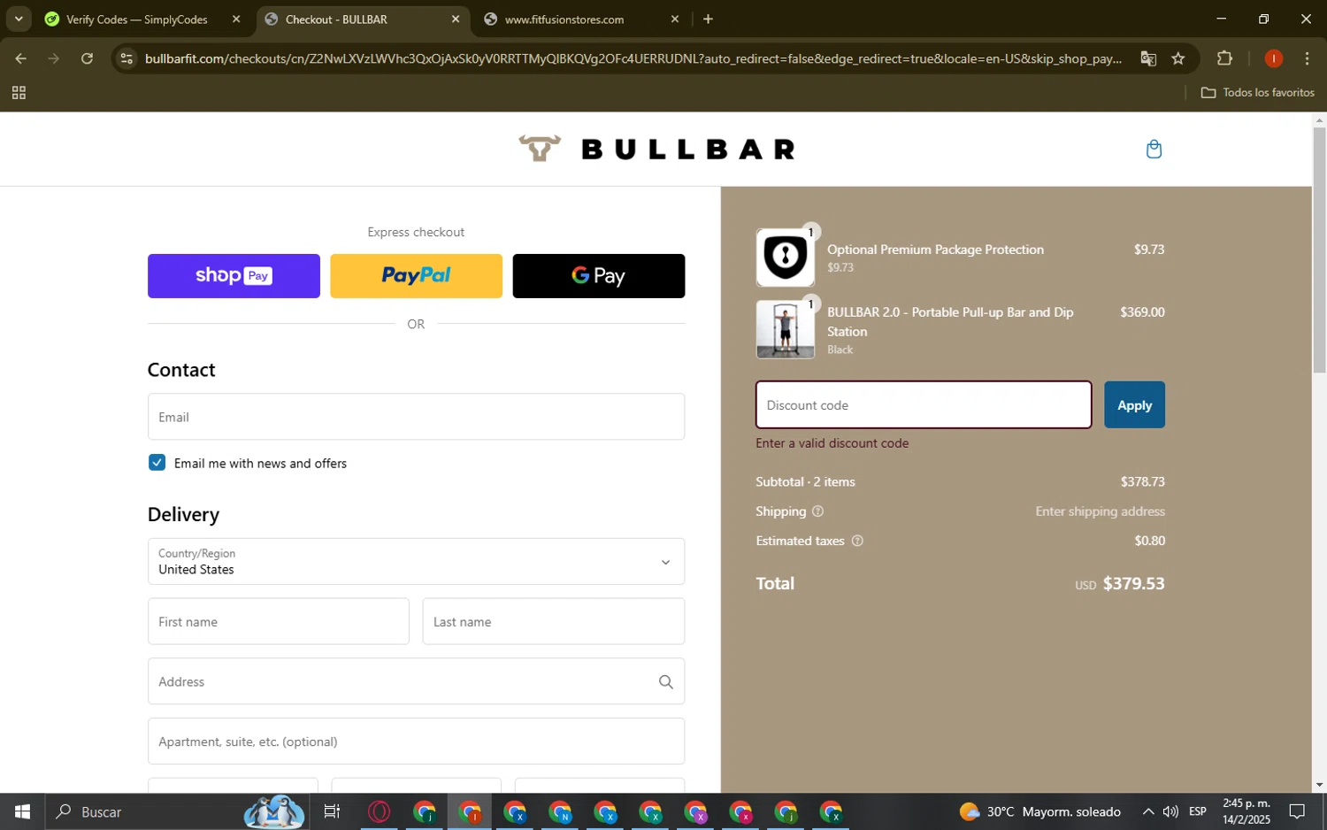 Bullbar Fitness promo code screenshot showing code FLASH4TH applied at Bullbar Fitness checkout page. Uploaded by SimplyCodes community member CouponAce3224 on Feb 14, 2025