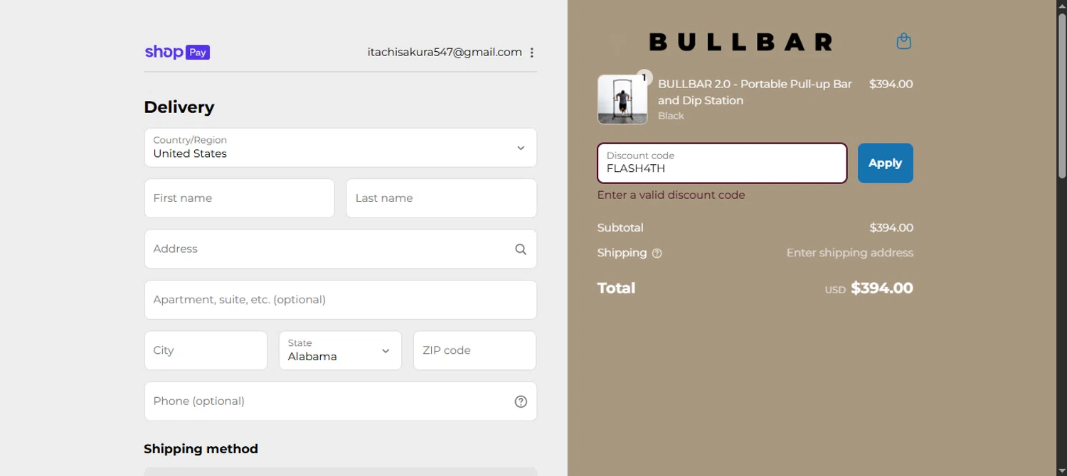 Bullbar Fitness promo code screenshot showing code FLASH4TH applied at Bullbar Fitness checkout page. Uploaded by SimplyCodes community member noworries on Jul 22, 2025